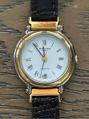 Vintage ROCHAS Paris Woman’s Watch Gold Tone Quartz Leather Band Dress Watch